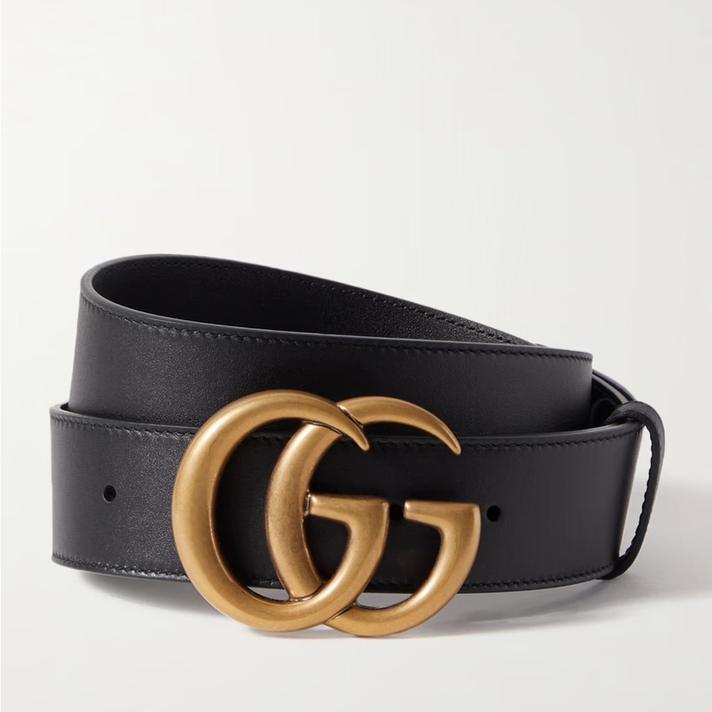 Gucci Black Leather Belt with Antiqued Gold Double G Buckle